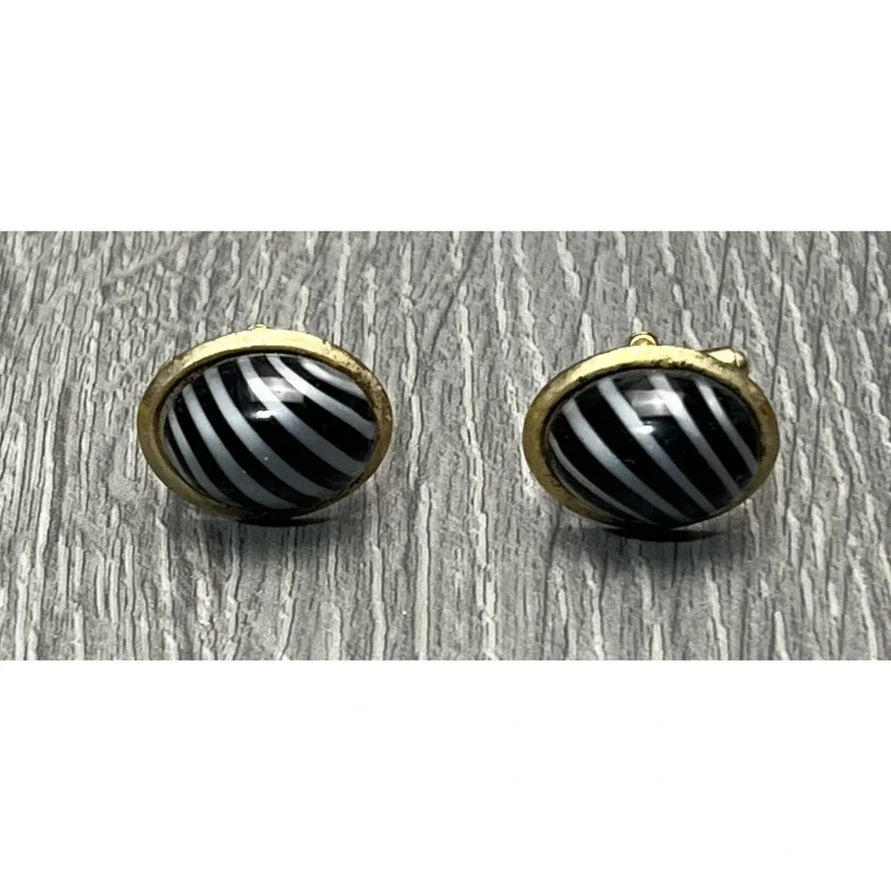 Black White Stripe Oval‎ Cufflinks Mens Gold Tone Domed Cabochon Classic